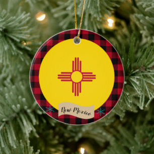 New Mexico, Red buffalo plaid & New Mexican Flag Ceramic Tree Decoration