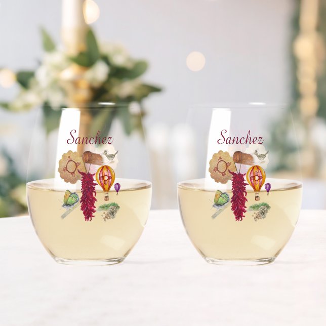 New Mexico Red Chile Pinõn Zia Hot Air Balloon  Stemless Wine Glass (Insitu (Wedding))