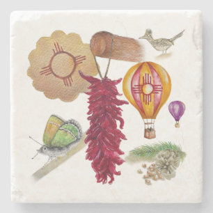 New Mexico Red Chile Pinõn Zia Hot Air Balloon  Stone Coaster