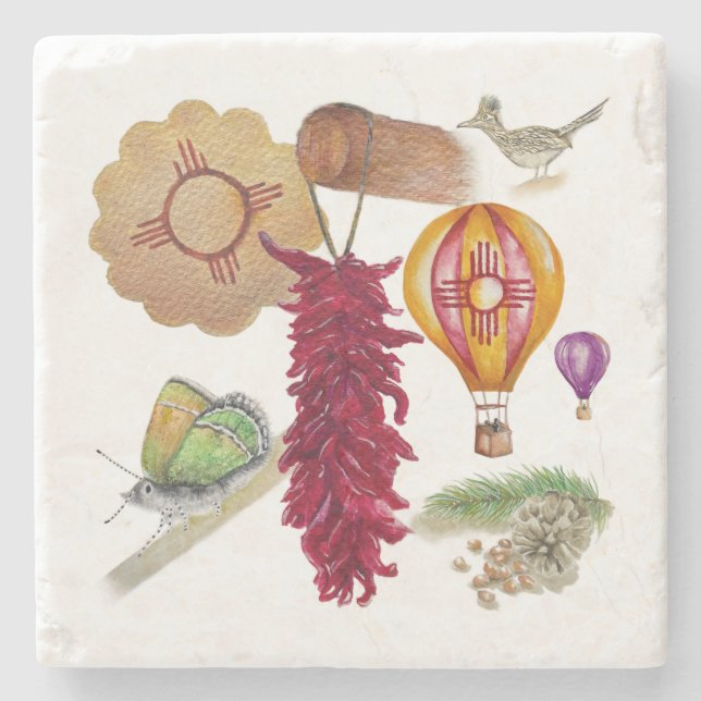 New Mexico Red Chile Pinõn Zia Hot Air Balloon  Stone Coaster (Front)