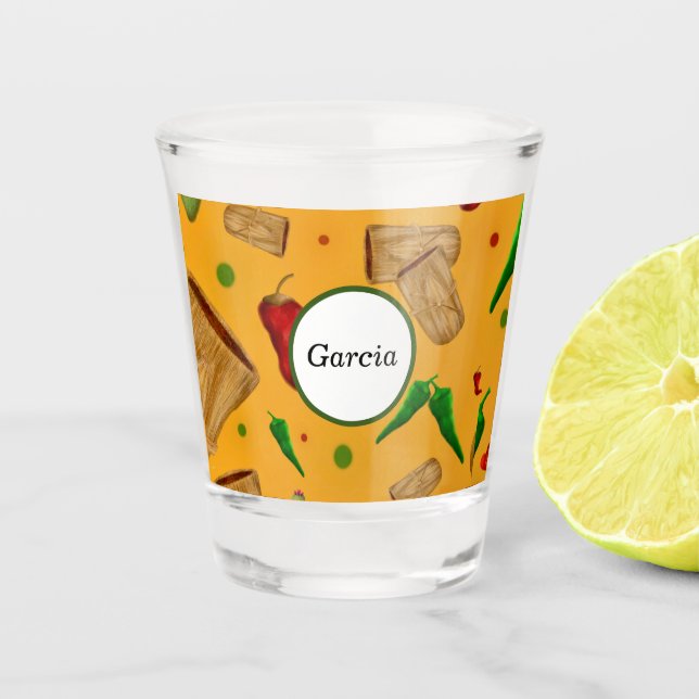 New Mexico Red & Green chile Tamales Zia Nopales Shot Glass (Front)