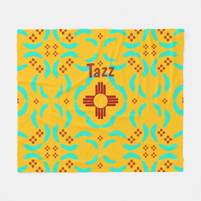 New Mexico Red Zia Turquoise Feathers Fleece Blanket (Front (Horizontal))