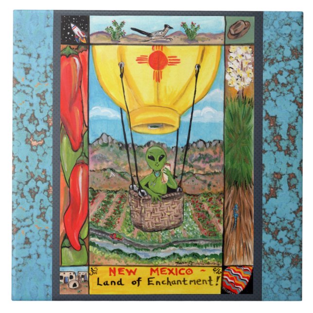 New Mexico Souvenir Alien Balloon Zia Tile Trivet (Front)