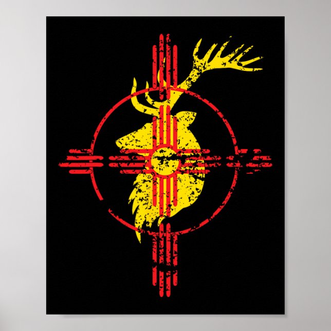 New Mexico State Flag Elk Hunting Zia Symbol Desig Poster (Front)