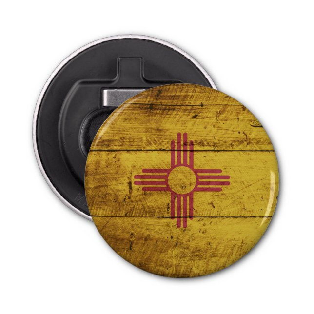 New Mexico State Flag on Old Wood Grain Bottle Opener (Front)