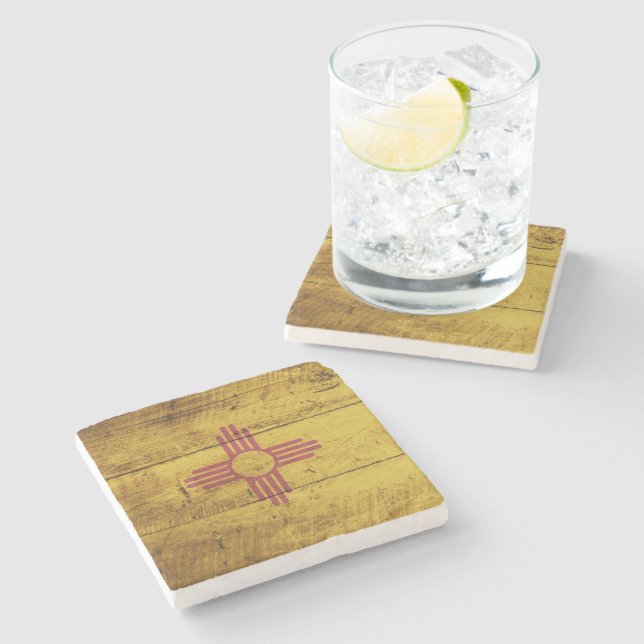 New Mexico State Flag on Old Wood Grain Stone Coaster (Side)