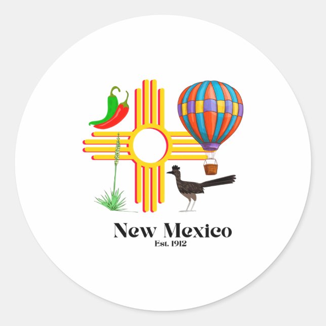 New Mexico Zia_ Chiles, Balloon, Roadrunner, Yucca Classic Round Sticker (Front)