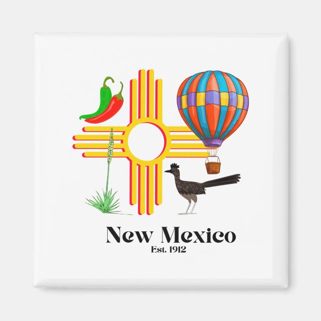 New Mexico Zia_ Chiles, Balloon, Roadrunner, Yucca Magnet (Front)
