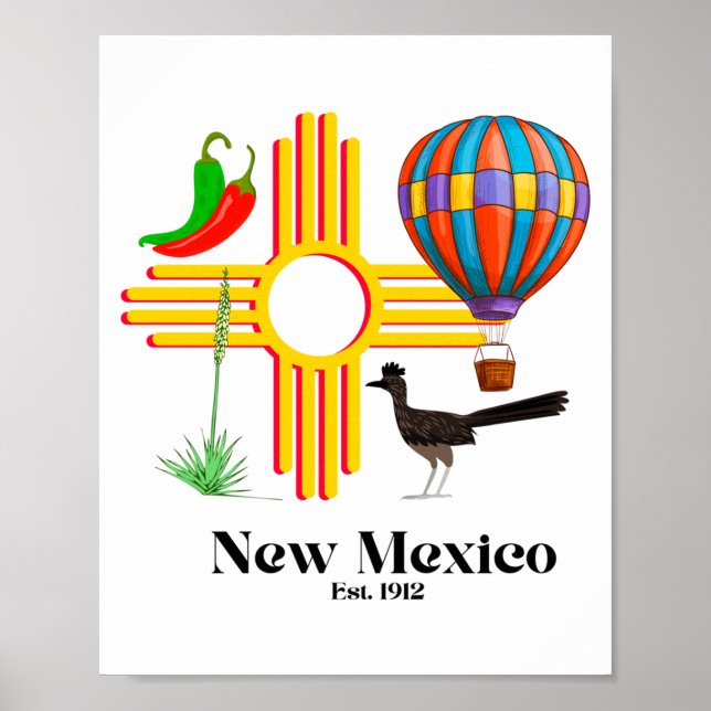 New Mexico Zia_ Chiles, Balloon, Roadrunner, Yucca Poster (Front)