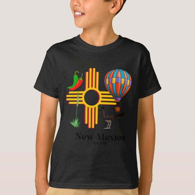 New Mexico Zia_ Chiles, Balloon, Roadrunner, Yucca T-Shirt (Front)