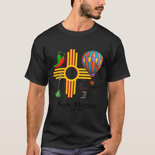 New Mexico Zia_ Chiles, Balloon, Roadrunner, Yucca T-Shirt (Front)