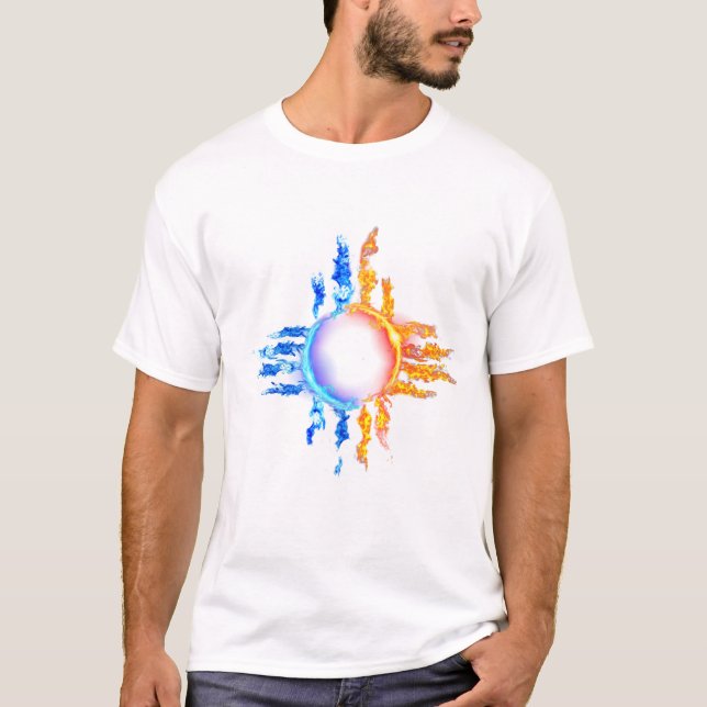 New Mexico Zia symbol in red and blue flames T-Shirt (Front)
