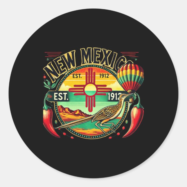 New Mexico Zia Symbol, Roadrunner &amp; Chile Pepp Classic Round Sticker (Front)