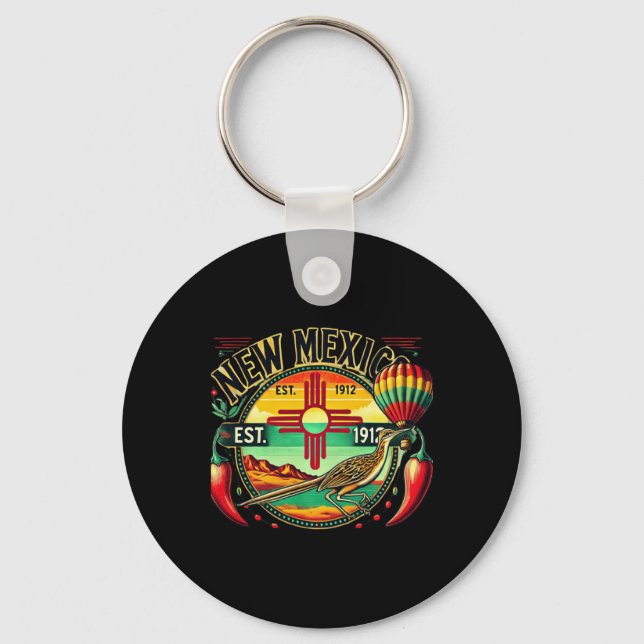 New Mexico Zia Symbol, Roadrunner &amp; Chile Pepp Key Ring (Front)