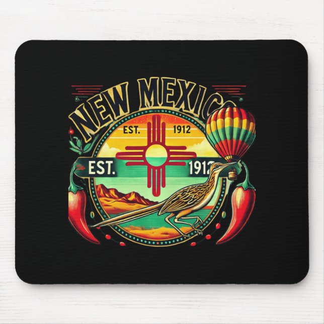 New Mexico Zia Symbol, Roadrunner &amp; Chile Pepp Mouse Mat (Front)