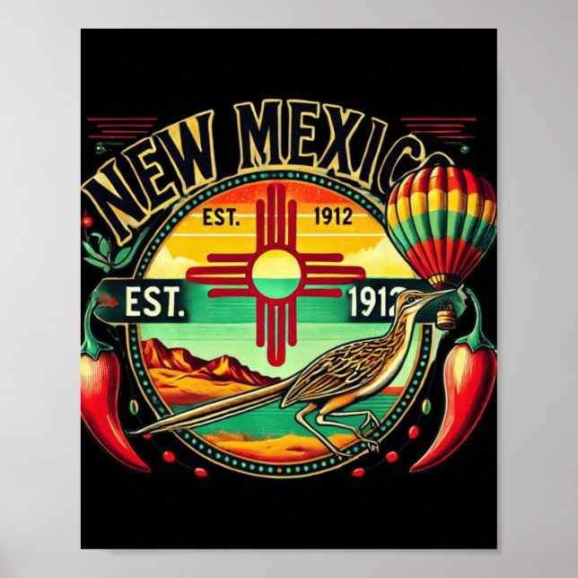 New Mexico Zia Symbol, Roadrunner &amp; Chile Pepp Poster (Front)