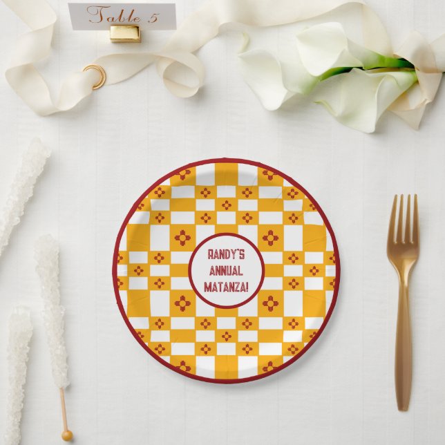 New Mexico Zia Yellow Red White Squares Paper Plate (Wedding)
