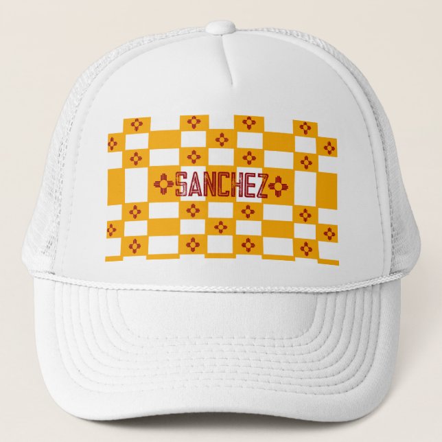 New Mexico Zia Yellow Red White Squares Trucker Hat (Front)