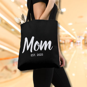 New Mom Established Date White Script Tote Bag