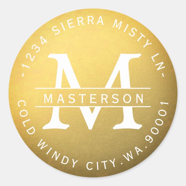 New Monogram Gold Circular Return Address Classic Round Sticker (Front)