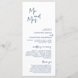 New Mr and Mrs, Modern Navy Blue Wedding Program Programme
