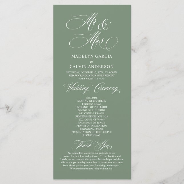 New Mr and Mrs, Sage Green, Wedding Ceremony Programme (Front)