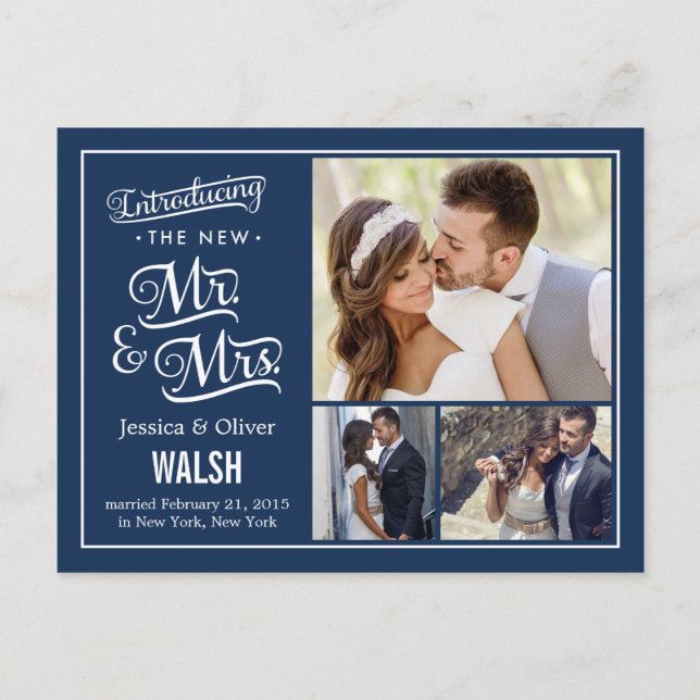 New Mr and Mrs Wedding Announcement - Navy Blue Postcard (Front)