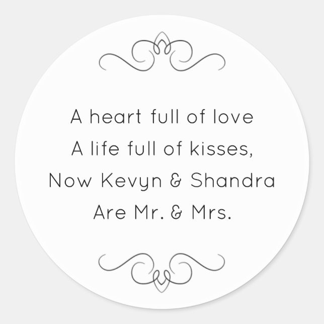 New Mr and Mrs Wedding Kisses Poem Classic Round Sticker (Front)