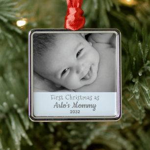 New Mum 1st Christmas as Mummy Baby Boy Name Photo Metal Tree Decoration