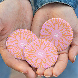 New mum floral burst pastel orange pink 6 cm round badge