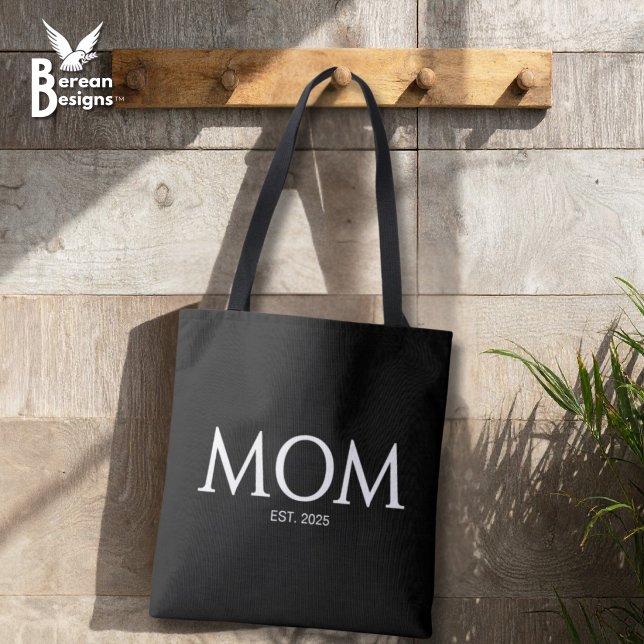 New Mum Gift Mum Established  Tote Bag (MOM ESTABLISHED Black Tote Bag with customizable year. Ideal gift for Mother's Day and mom groups.)