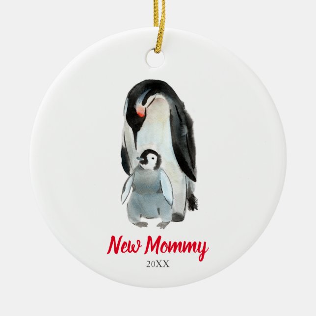 New Mummy Penguin Newborn Baby's First Christmas Ceramic Tree Decoration (Front)