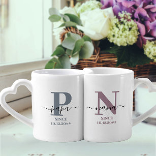 New Nana and Papa Monogram Blue Grey and Mauve Coffee Mug Set