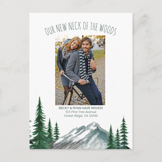 New Neck of the Woods Mountain Forest Photo Moving Holiday Postcard (Front)