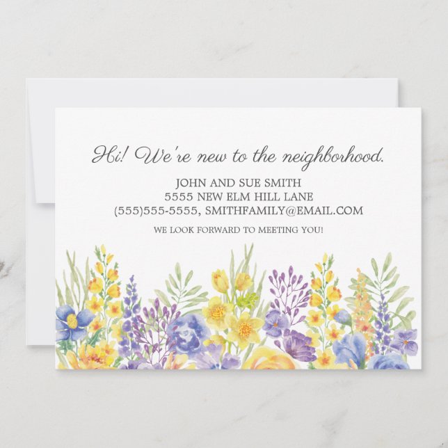 New Neighbour Introduction Yellow Purple Floral Announcement (Front)