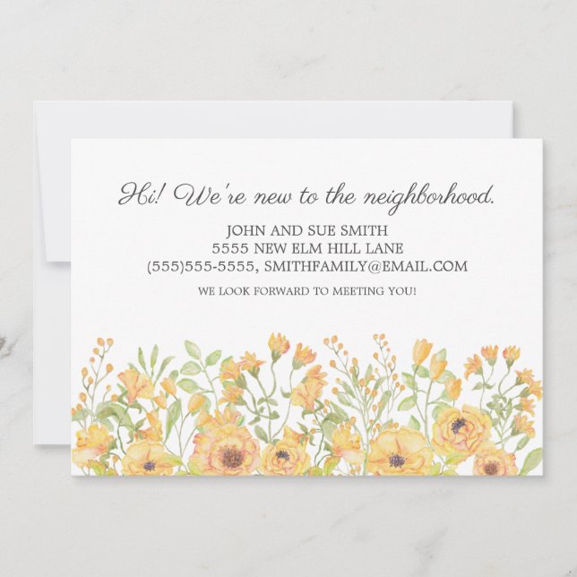 New Neighbour Introduction Yellow Watercolor Flora Announcement (Front)