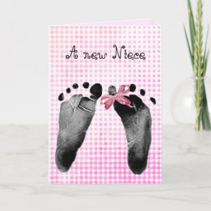 New Niece Footprints On Pink Gingham Card