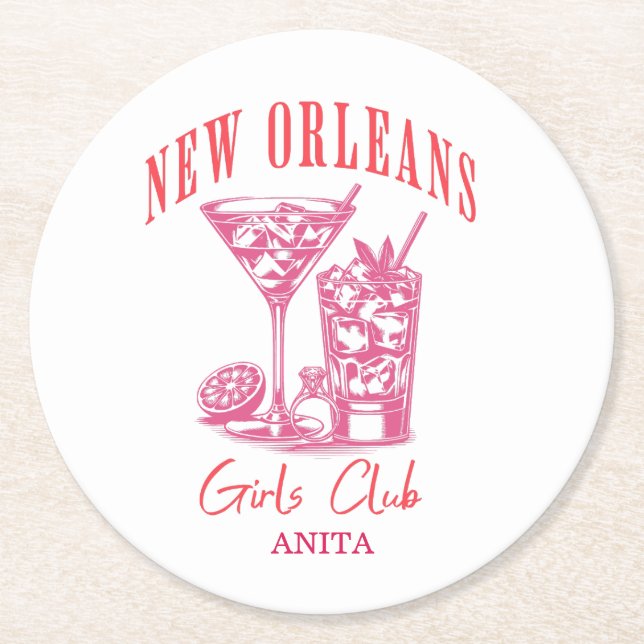 New orleans bachelorette pink cocktail round paper coaster (Front)