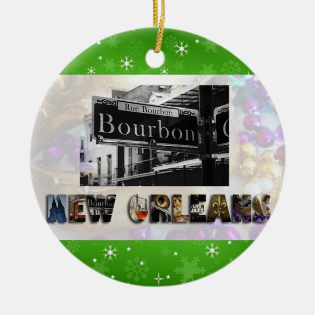 New Orleans Bourbon St Beads NOLA Christmas Ceramic Tree Decoration (Front)