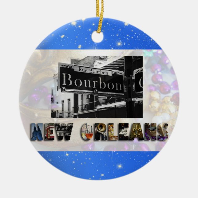 New Orleans Bourbon St Beads NOLA Christmas Ceramic Tree Decoration (Front)