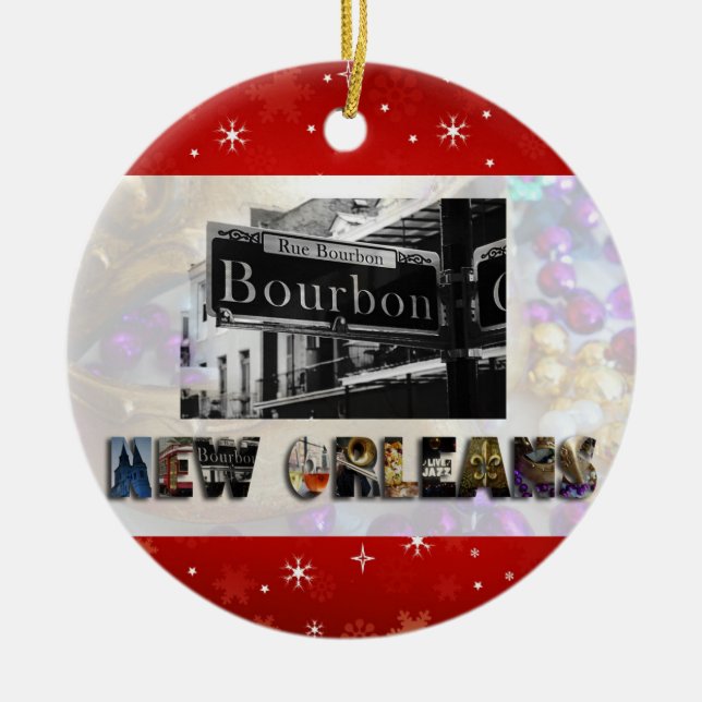 New Orleans Bourbon St Beads NOLA Christmas Ceramic Tree Decoration (Front)