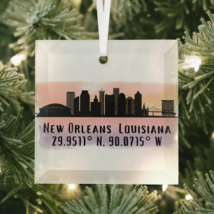 New Orleans City Skyline Latitude and Longitude  Glass Tree Decoration