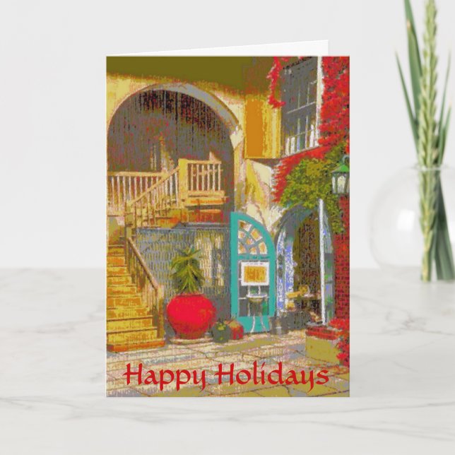 New Orleans Courtyard, Happy Holidays Holiday Card (Front)