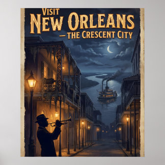 New Orleans Crescent City Vintage Noir Travel Poster