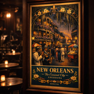 New Orleans Jazz Night Vintage Travel Poster Print