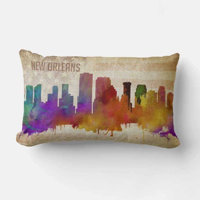 New Orleans, LA | Watercolor City Skyline Lumbar Cushion (Front)