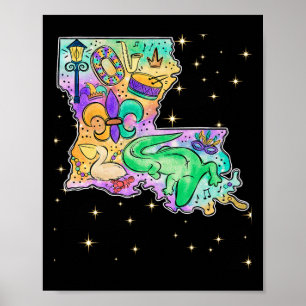 New Orleans Louisiana Map Mardi Gras Jester Funny  Poster