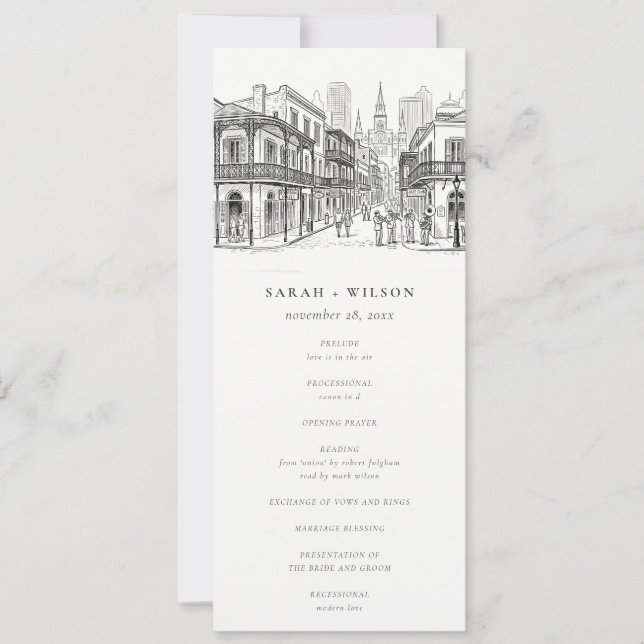 New Orleans Louisiana Sketch Wedding Program Invitation (Front)