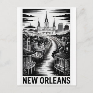 New Orleans Louisiana Skyline Black White Woodcut Holiday Postcard