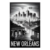 New Orleans Louisiana Skyline Black White Woodcut
